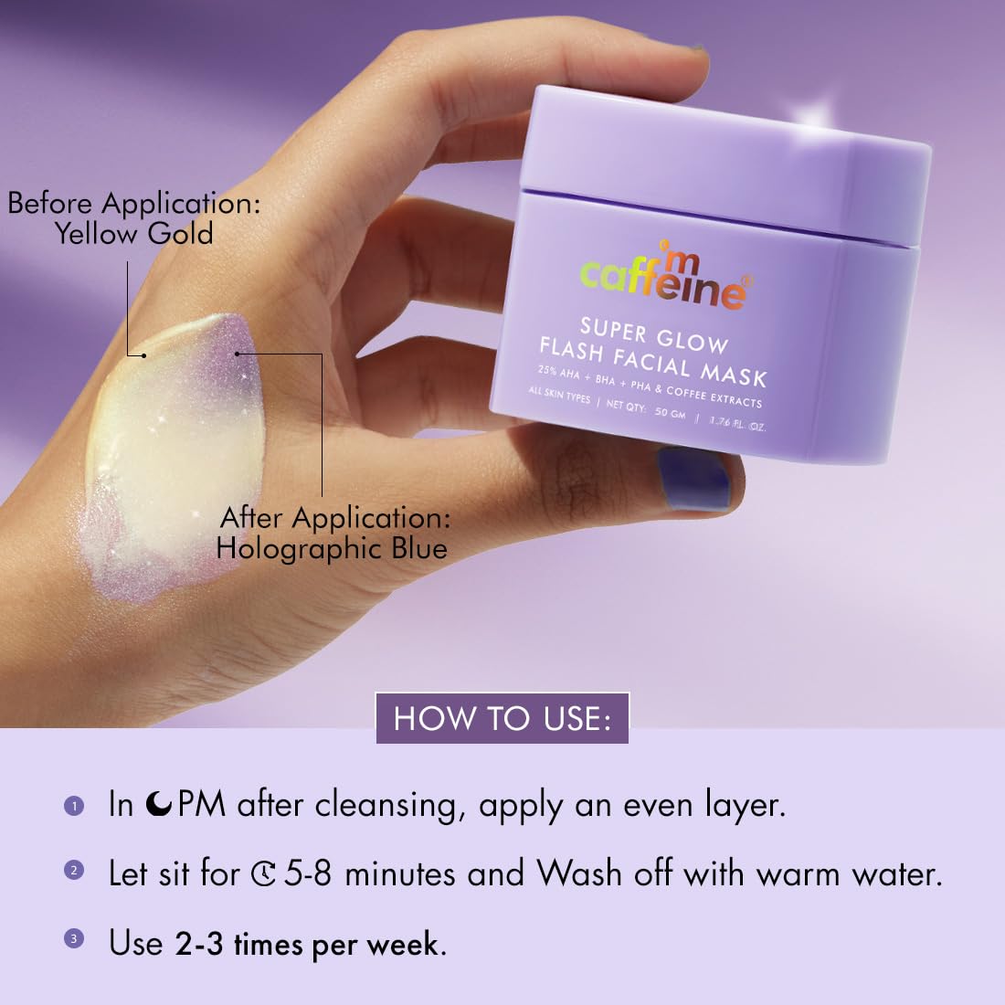 Hand holding a container of 'Super Glow Flash Facial Mask' with application instructions on a purple background.