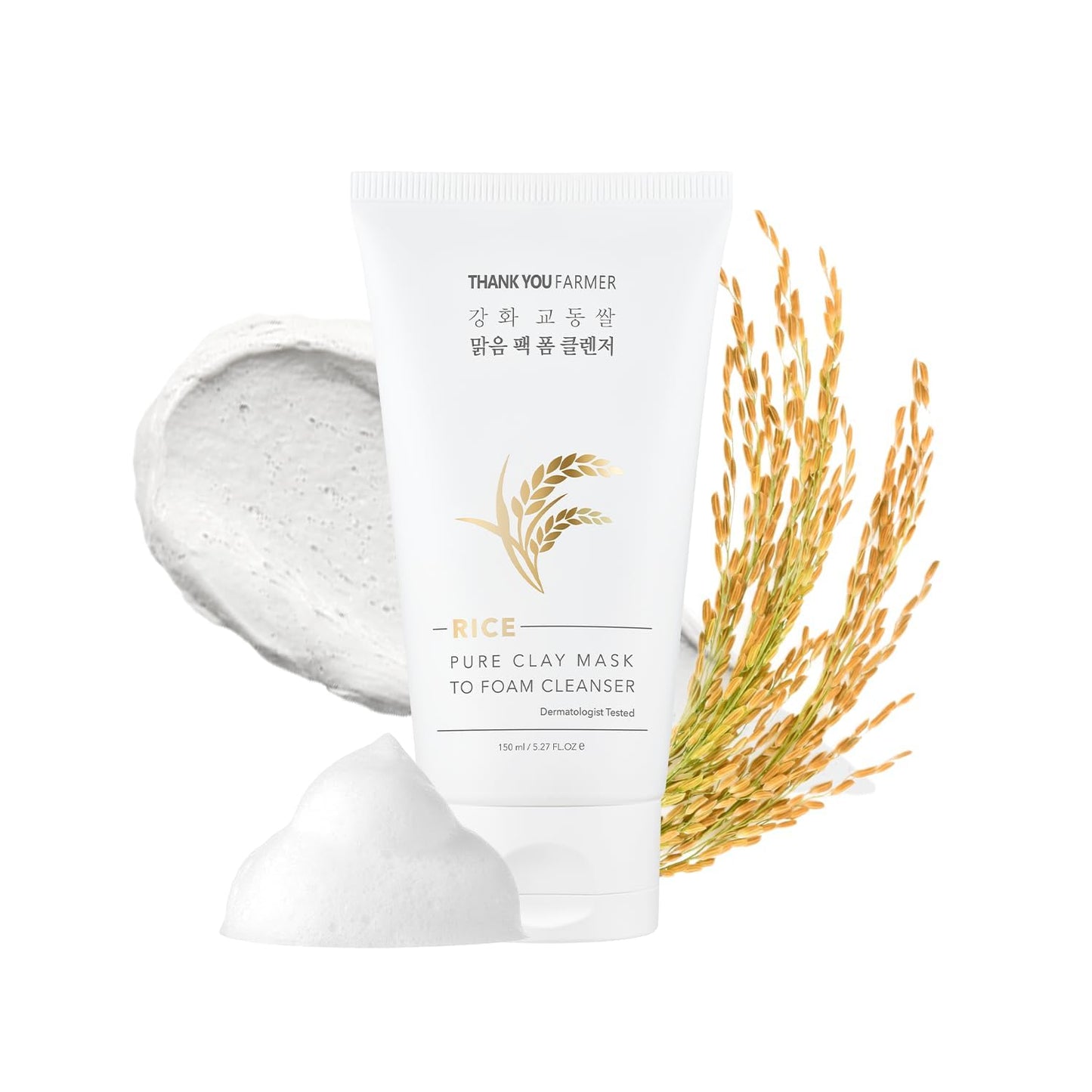 THANKYOU FARMER Rice Pure Clay Mask to Foam Cleanser (150ml) 2-in-1 Korean Rice Face Mask & Foam Face Wash For Deep Cleansing, Pore Care, Sebum Control, Blackhead Removal & Skin Brightening
