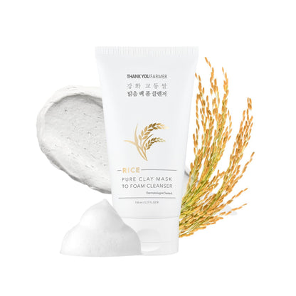 THANKYOU FARMER Rice Pure Clay Mask to Foam Cleanser (150ml) 2-in-1 Korean Rice Face Mask & Foam Face Wash For Deep Cleansing, Pore Care, Sebum Control, Blackhead Removal & Skin Brightening