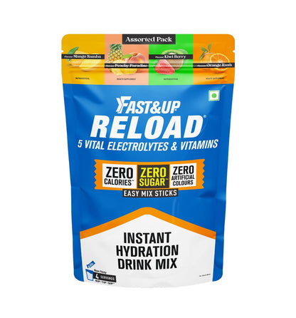 Fast&Up Reload Electrolytes Powder Sachets | Zero Added Sugar Hydration Drink with 5 Essential Electrolytes Vitamin C & B12 | Summer Heat, Workout Recovery, Travel & Wellness | Assorted Pack of 4 Sachets