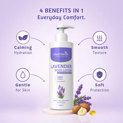 Smartdrops Lavender Body Lotion | Lavender Moisturizing Body Lotion | Shea butter & Lavender 24-Hour Moisture Skin Care | Lightweight & Non-Greasy | Suitable For All Skin Types, 200 ml (Pack of 1)