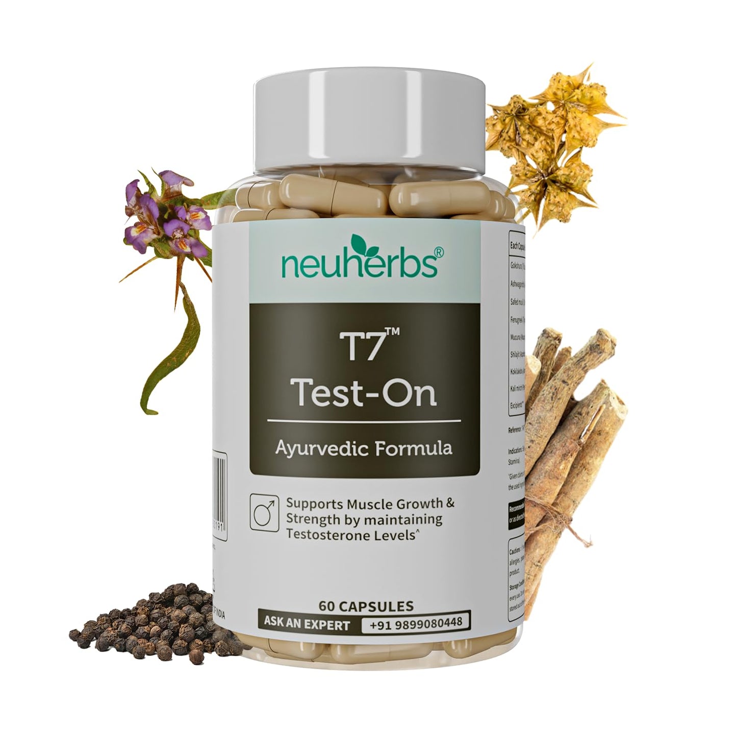 Neuherbs Ayurvedic T7 Test On For Men, With Shilajit, Ashwagandha, Gokshura, Kali Mirch, Safed Musli, Kapikachhu seed for Muscle Growth, Strength & Stamina | 60 Capsules