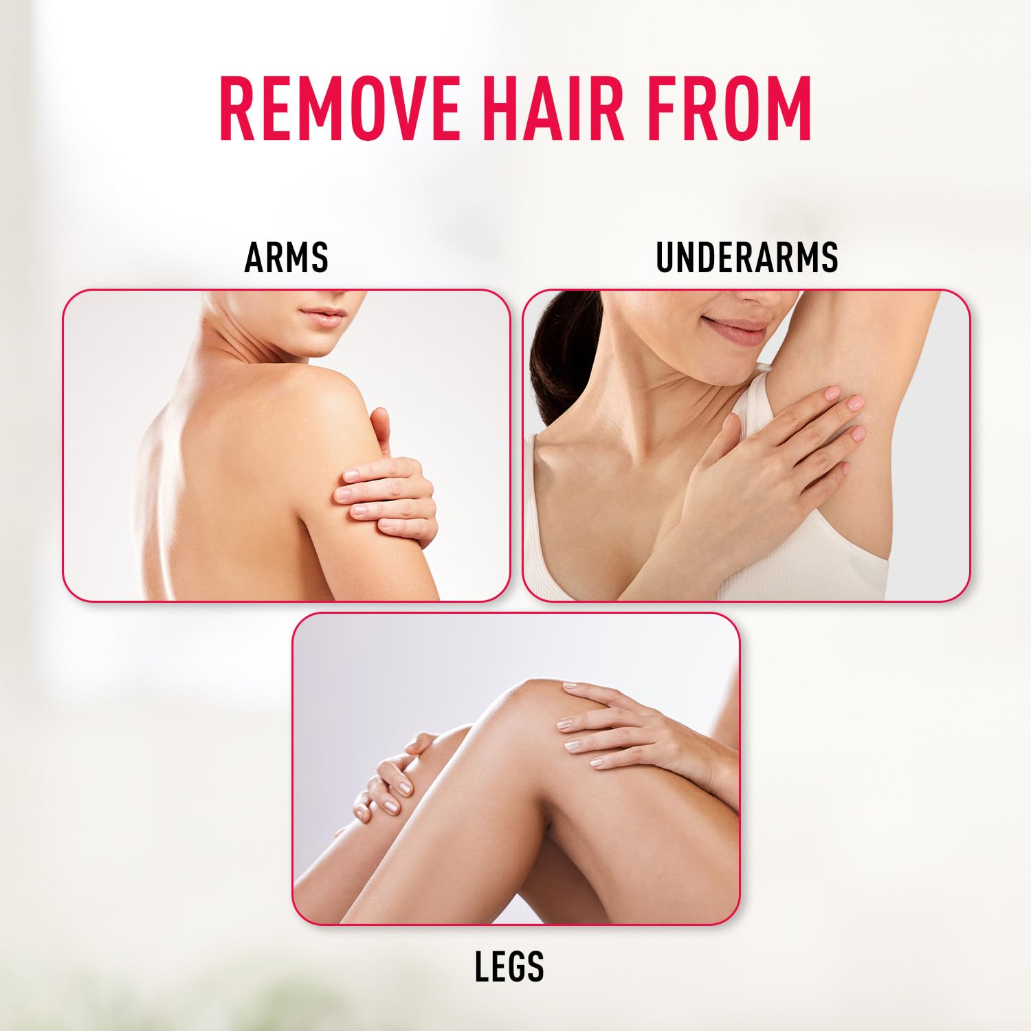 Illustration showing areas to remove hair from arms, underarms, and legs with a woman's hands on her skin.