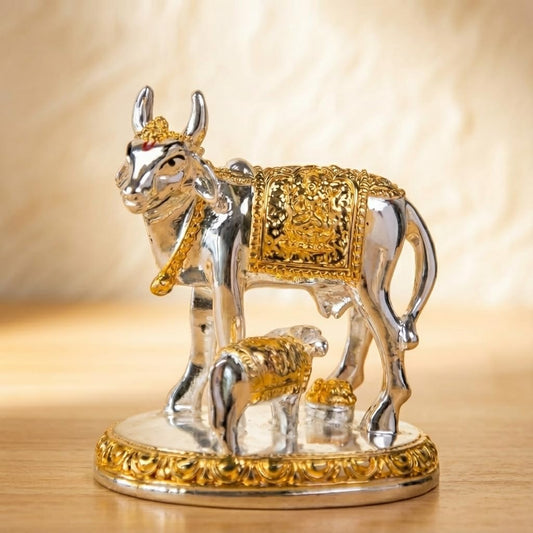 Resin Kamdhenu Cow with Calf Statue for Vastu & Good Luck Show Piece | Idol for Home Decor & Housewarming & Wedding Return Gift (3 Inches) (Gold & Silver)