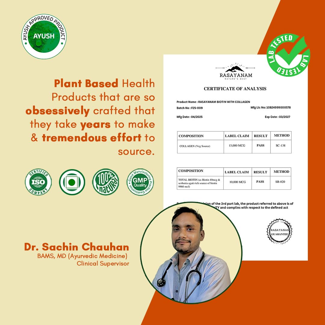 Advertisement for Rasayanam Ayurvedic product with Dr. Sachin Chauhan's photo and certification on a colorful background.