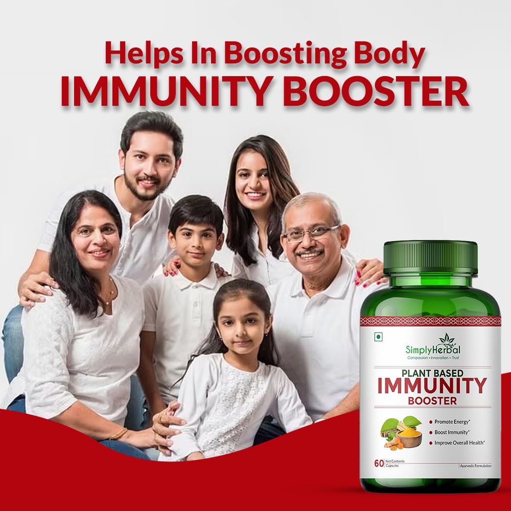 Simply Herbal Plant Based Organic Immunity Booster Capsules for Men & Women, Immunity Blend of Giloy, Haldi, Ashwagandha, Aloe Vera, Laung, Shatawari and Natural Herbs Heath Dietary Supplement, 60 Capsules