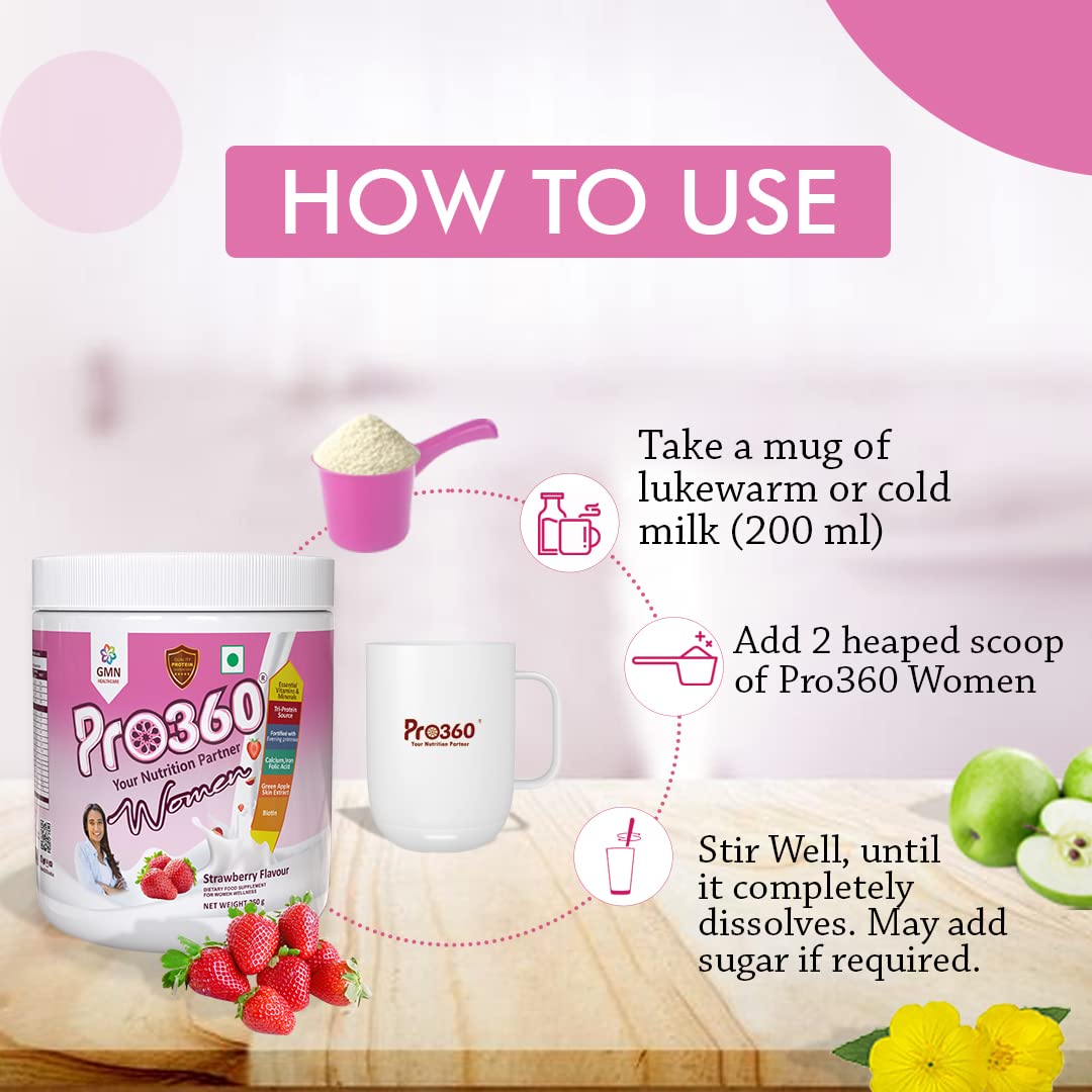 Pro360 Women Protein Rich Nutritional Supplement Enriched with Calcium, Iron for Stronger Bones and Improved Haemoglobin – 25 Essential Nutrients with Evening Primrose – Butterscotch Flavor – 250G