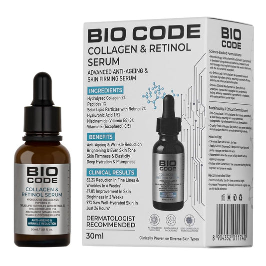 Bio Code Hydrolyzed Collagen 2% Face Serum (30ml) – with 2% Retinol SLP, 1% Peptides & 3% Niacinamide | For Anti-Aging & Wrinkle Reduction | AI-Enhanced Formula | Dermatologist Recommended
