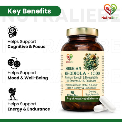 Nutraliebe Rhodiola Rosea 1000 mg – 3% Rosavins & 1% Salidroside – Adaptogenic Stress & Focus Support – Siberian Root Extract – 90 Capsules