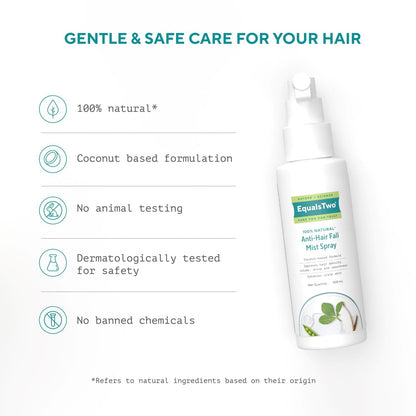 EQUALSTWO by Zydus Anti Hairfall Mist Spray, 100ml | Natural Hair Mist Spray with Bhringraj, Methi & Virgin Coconut Oil | Anti Hair Fall Mist Spray for Hair Density, Shine & Heat Protection, (Pack 1)