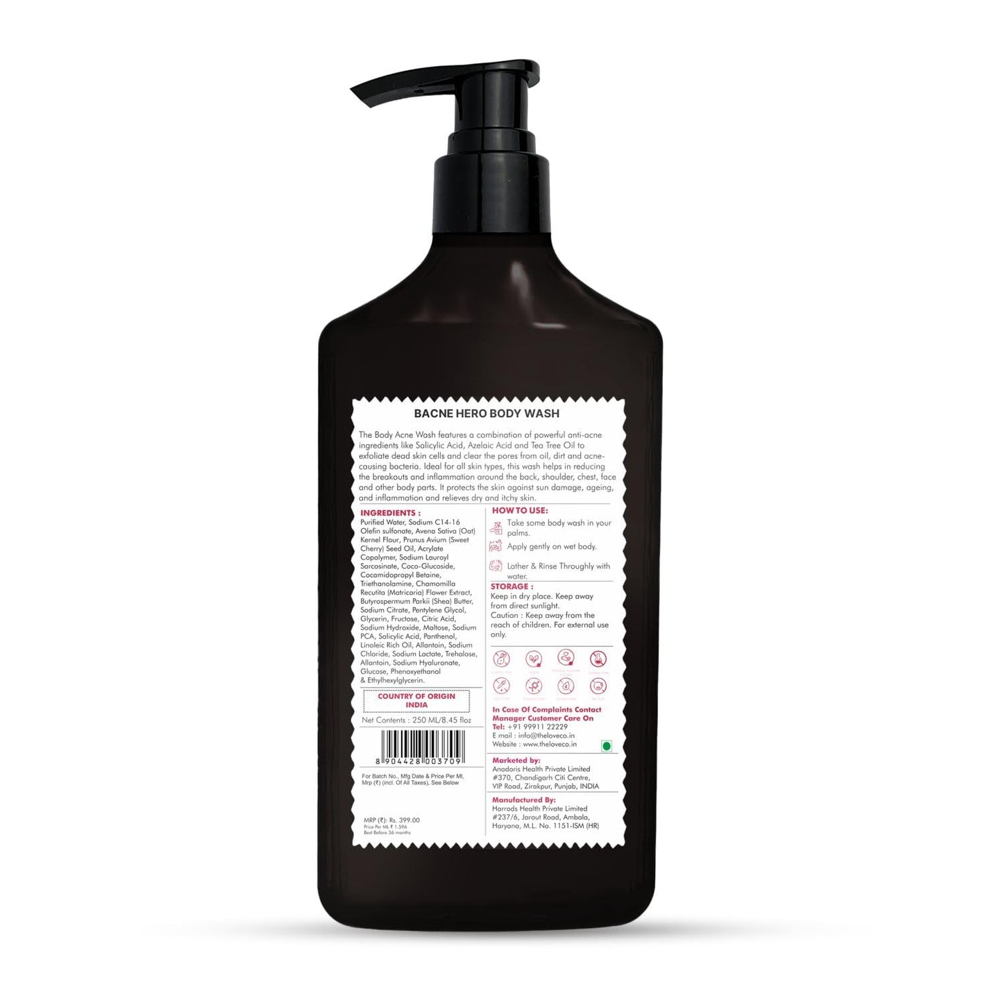 THE LOVE CO 1% Salicylic Acid Body Wash 236ml | Body & Back Acne | Paraben & SLS Free | Prevents Dry, Rough, Bumpy, and Strawberry Skin | Deep Cleanses Skin | For Men & Women | Body Shower Gel