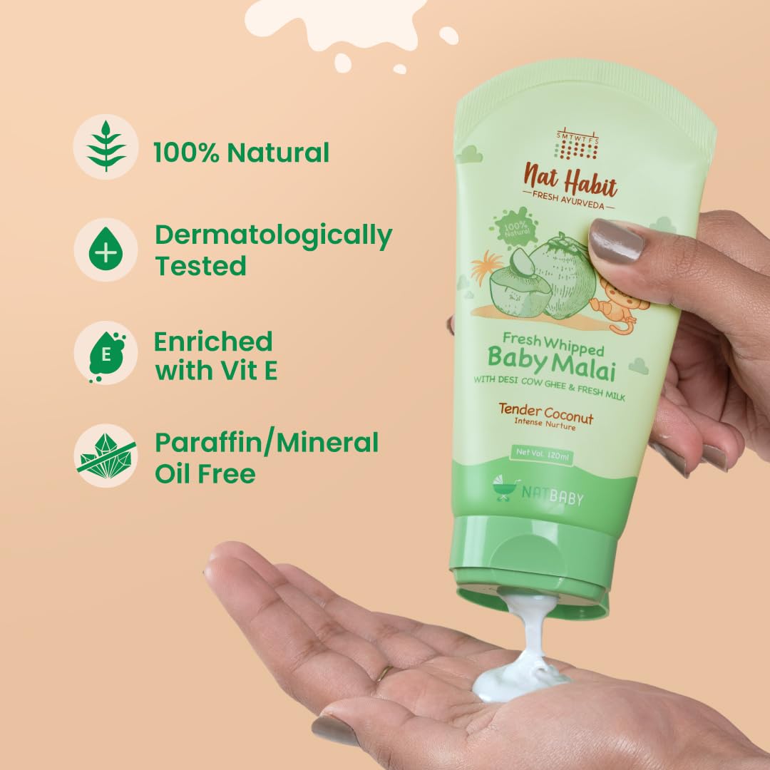 Nat Habit Tender Coconut Baby Malai for Intense Nurture, Moisturizer for Deep Nourishment & Skin Barrier Protection | 100% Natural, Chemical-Free Baby Cream | 120ml