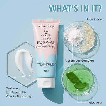 Glamveda Korean Rice Water Face Wash for Men & Women | Rice Extract & Ceramide Face Cleanser for Dry & Sensitive Skin | Hydrating Face Wash for Brightening, Even Skin Tone & Healthy Glowing Skin | 100ml