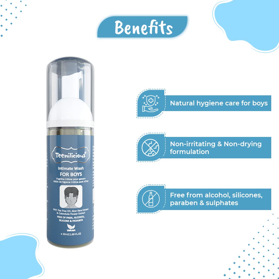 Teenilicious Intimate Wash for Men | Hygiene Wash with Aloe Vera, Tea Tree Oil | Anti Itch & Anti Odour | Antibacterial & Antifungal | Free from Alcohol, Silicones, Paraben & Sulphates - 50ml