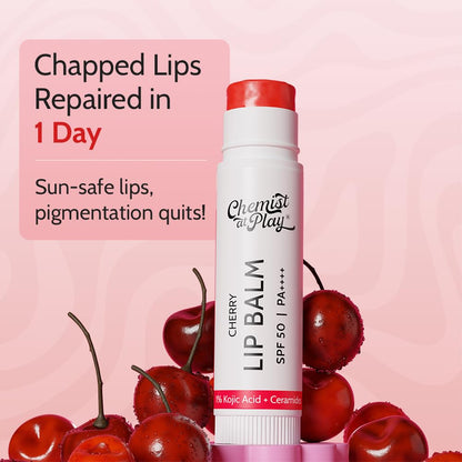 Lip balm with cherry flavor and SPF 50 on a pink background with cherries.