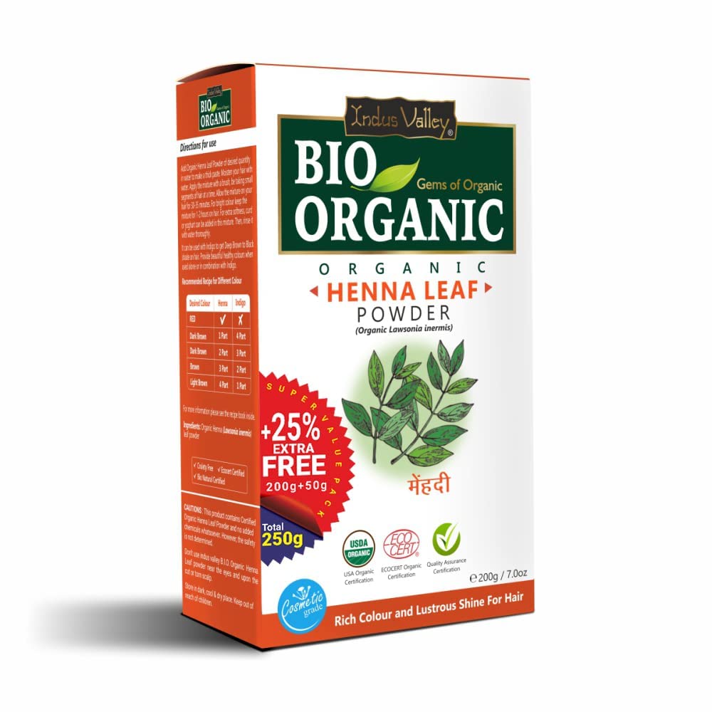 Box of Bio Organic Henna Leaf Powder with promotional text on a white background