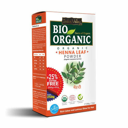 Box of Bio Organic Henna Leaf Powder with promotional text on a white background