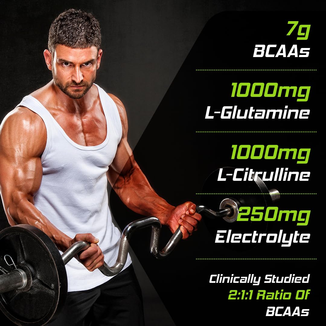 Muscular man lifting weights with nutritional supplement information on a dark background
