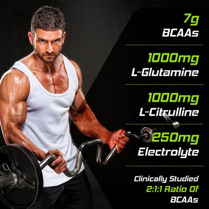 Muscular man lifting weights with nutritional supplement information on a dark background