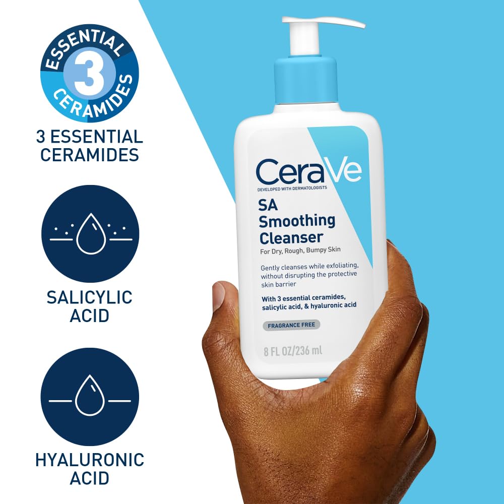 CeraVe SA Smoothing Cleanser For Dry, Rough, Bumpy and Acne-Prone Skin, contains Salicylic Acid with no harsh microbeads, Dermatologist Recommended Face wash (236ml)