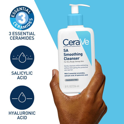 CeraVe SA Smoothing Cleanser For Dry, Rough, Bumpy and Acne-Prone Skin, contains Salicylic Acid with no harsh microbeads, Dermatologist Recommended Face wash (236ml)