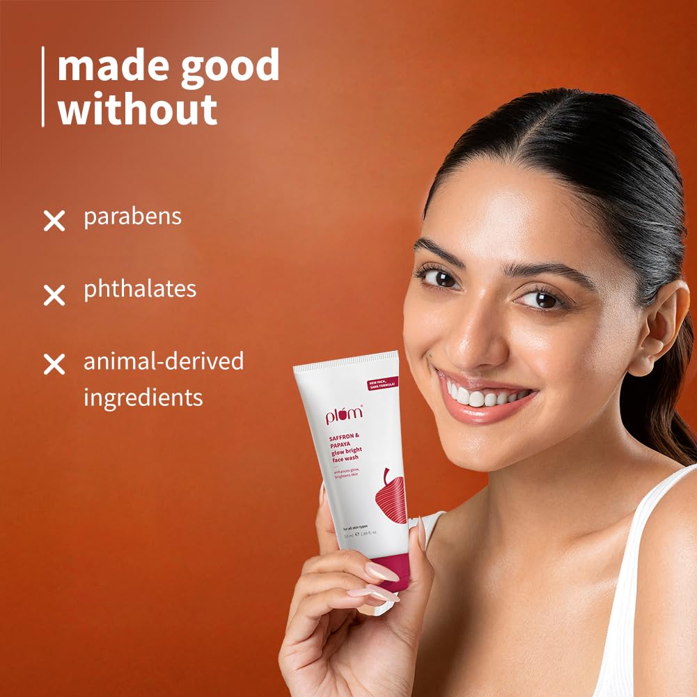 Plum Saffron & Papaya Glow Bright Face Wash | Enhances Glow & Brightens Skin | With Vitamin B5 | Fights Dull Skin | Non-Drying, Gel-Based, Sulphate-Free Face Wash | For All Skin Types | 100% Vegan | 50ml