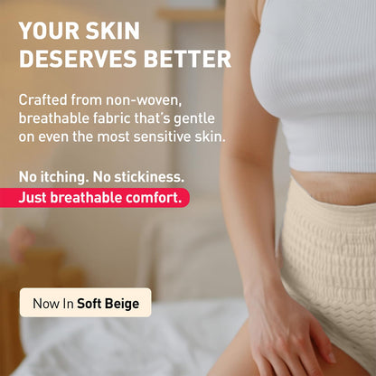 Person wearing a white top and beige pants with promotional text about skin care product comfort.