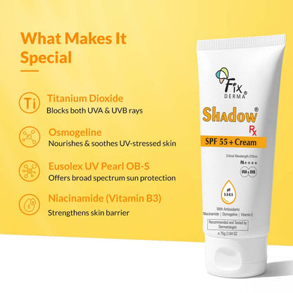 Fixderma Shadow SPF 55+ Cream PA++++ | Sunscreen for Dry Skin | Hybrid Sunscreen with UVA & UVB Filters, Antioxidants, IR Protection and Blue Light Protection Lightweight - 75gm