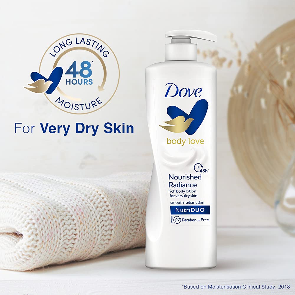 Dove Body Love Nourished Radiance Body Lotion For Very Dry Skin 48hrs Moisturisation Paraben Free with Plant Based moisturiser Soft Radiant Skin 400ml