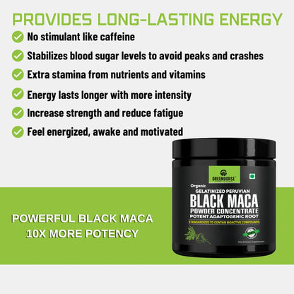GREENDORSE Peruvian Black Maca Root Powder Concentrate | Rich in Macamide & Macaenes, 3rd Party Lab Tested | Stamina & Reproductive Health Support, Performance,Vitality- High Potency-50g