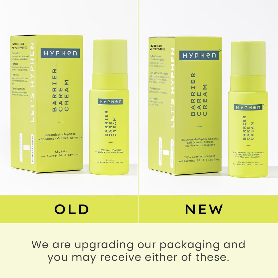 Comparison of Hyphen Barrier Care Cream packaging between 'Old' and 'New' versions on a white background.