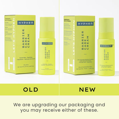 Comparison of Hyphen Barrier Care Cream packaging between 'Old' and 'New' versions on a white background.