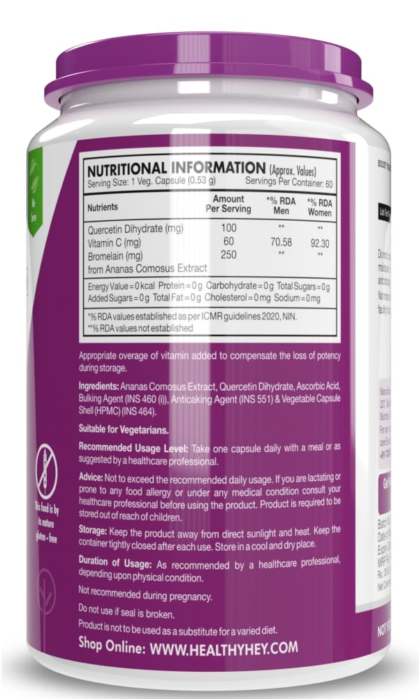 Nutritional information label on a supplement container with a purple lid.