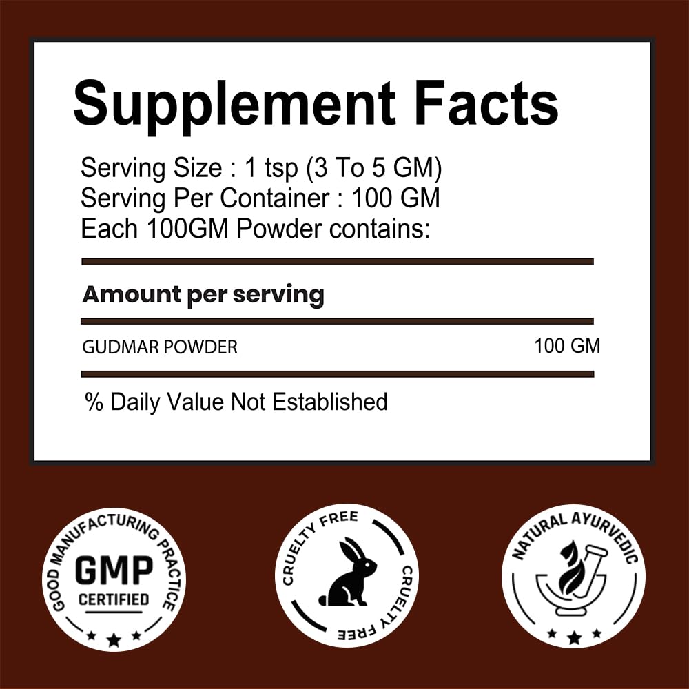 Supplement facts label with serving size, container size, and certification logos on a brown background.