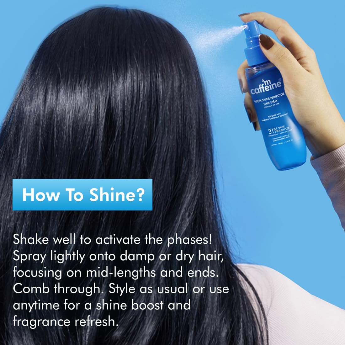 Person using a hair spray product with text on how to use it against a blue background