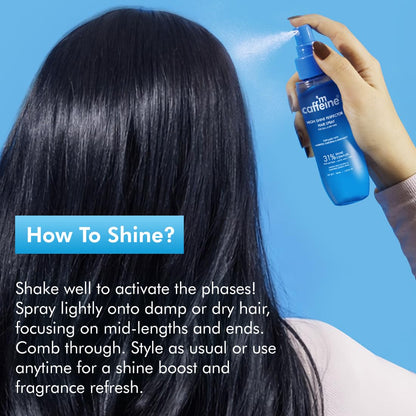 Person using a hair spray product with text on how to use it against a blue background