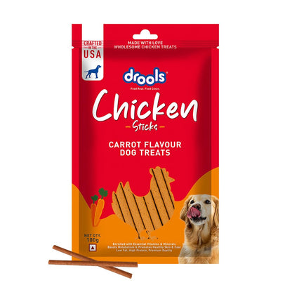 Drools Puppy & Adult Dog Treats Sticks 100g | Chicken Carrot Flavour | Rich in Protein | No Artificial Preservatives | Best for Training & Bonding | Formulated in USA | Premium Treats