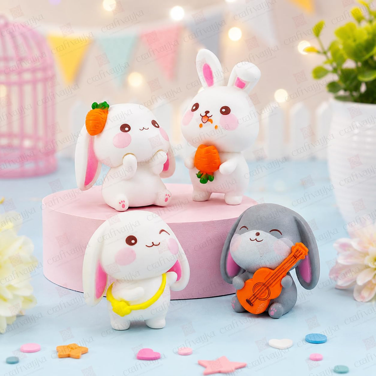 Miniature Showpiece Birthday Gift for Girls Kids, Rabbit Bunny Showpiece Set of 4 for Home Decor Items, Car Dashboard Items, Table Decoration Items, Valentine Day Gift for Girlfriend