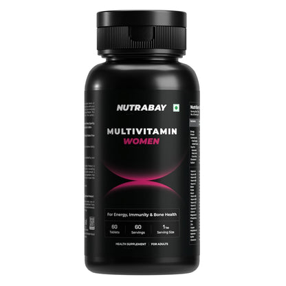 Nutrabay Pro Active Multivitamin for Women – Effective Doses of Iron, Vitamin A, B5, B6, C, D, E & K and Minerals – Immunity, Hair, Skin & Bone Support – 60 Tablets | 100% RDA Dosage | Purity Tested