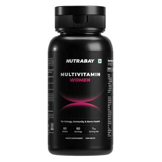 Black bottle of Nutrabay Multivitamin Women on a white background