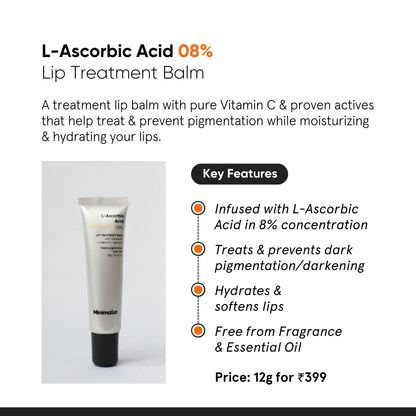 Minimalist Lip Treatment Balm for Pigmented & Dark Lips | 8% L-Ascorbic Acid with Vitamin E, Radianskin & Glycerine | For Women & Men | 12 gm