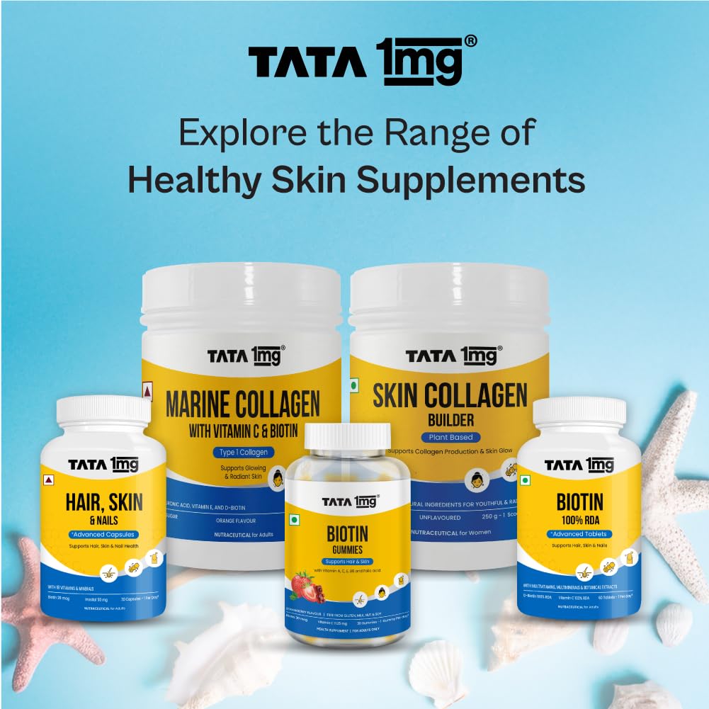 TATA 1mg Marine Collagen Powder | Fortified with Grape Seed Extract for Enhanced Results | Supports Skin, Hair & Nails | With Collagen Peptide for Hydration & Strength | Orange Flavour, 210g