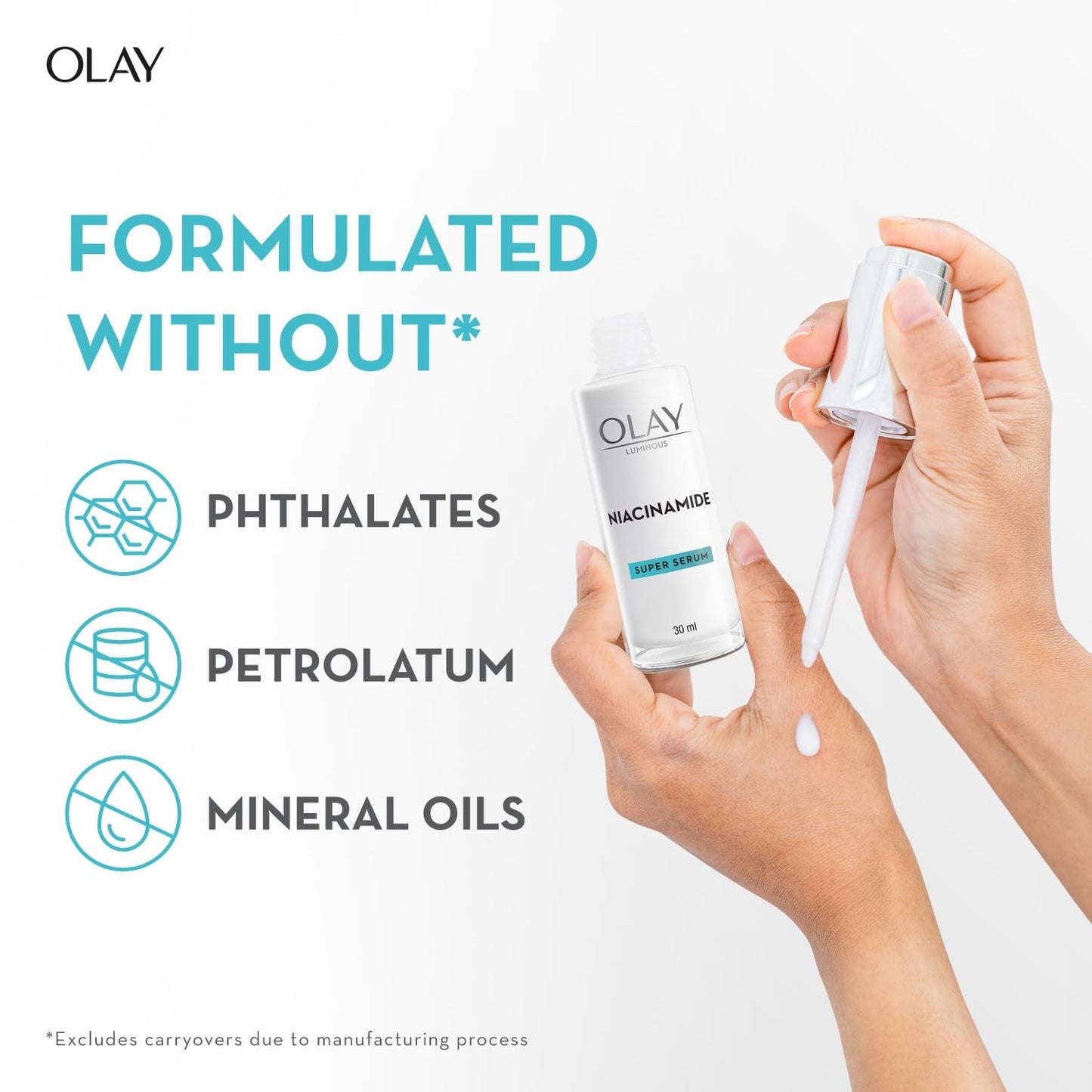 Olay skincare product with hands applying serum, highlighting ingredients excluded from the formula.