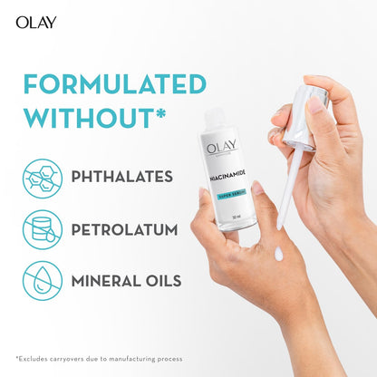 Olay skincare product with hands applying serum, highlighting ingredients excluded from the formula.
