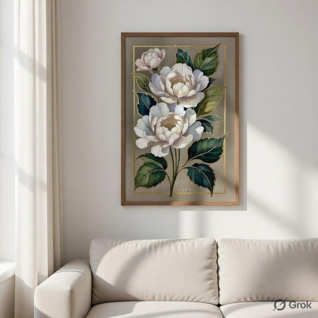 Elegant White Floral Botanical Wall Art with Wooden Frame | Luxury Flower HD UV Laminated Print on MDF | Modern Aesthetic Decor for Living Room Bedroom Office 13.5 Inch x 19.5 Inch