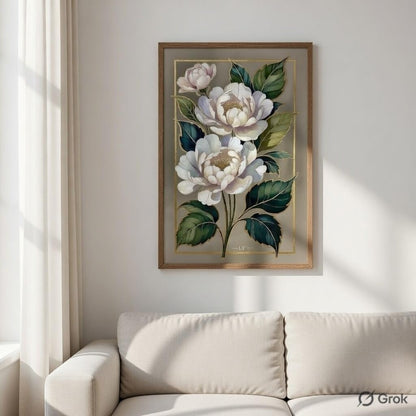 Elegant White Floral Botanical Wall Art with Wooden Frame | Luxury Flower HD UV Laminated Print on MDF | Modern Aesthetic Decor for Living Room Bedroom Office 13.5 Inch x 19.5 Inch