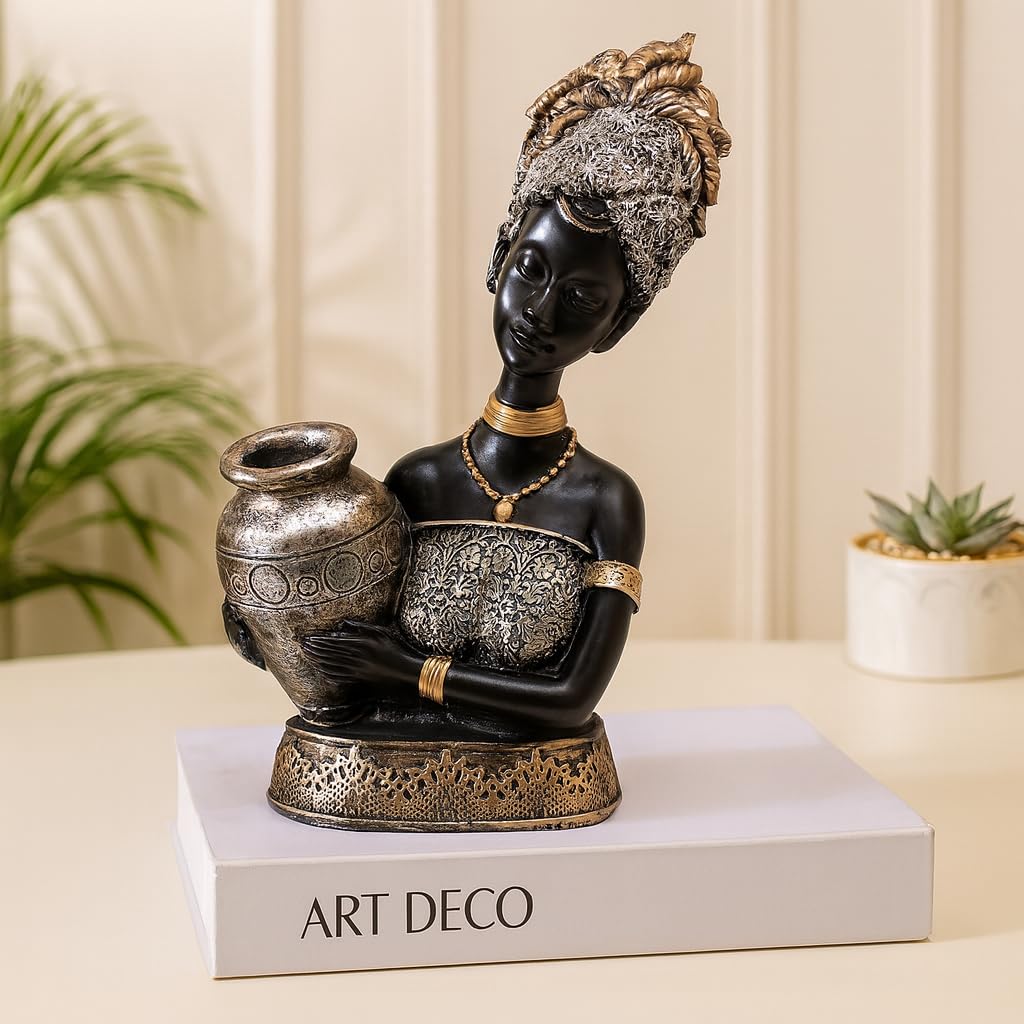 African Lady Statue with Pot for Table Décor | Home Décor (Pack of 1, Black,Silver & Golden)