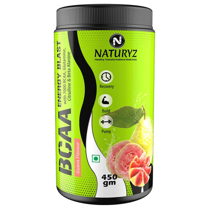 Naturyz BCAA supplement container with green and black design on a white background