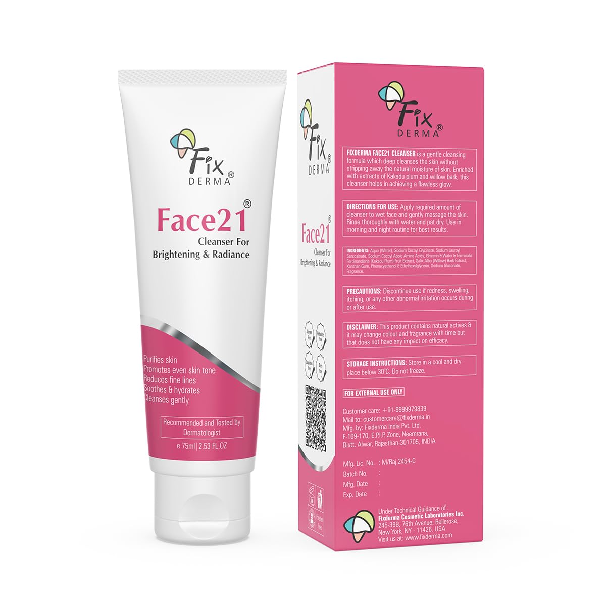Fixderma Face21 Cleanser, Skin Brightening Cleanser, Exfoliates Dead Cells, Remove Pigmentation, Reduces Wrinkles & Fine Lines, Evens Skin Tone, Purifies Skin, 75ml