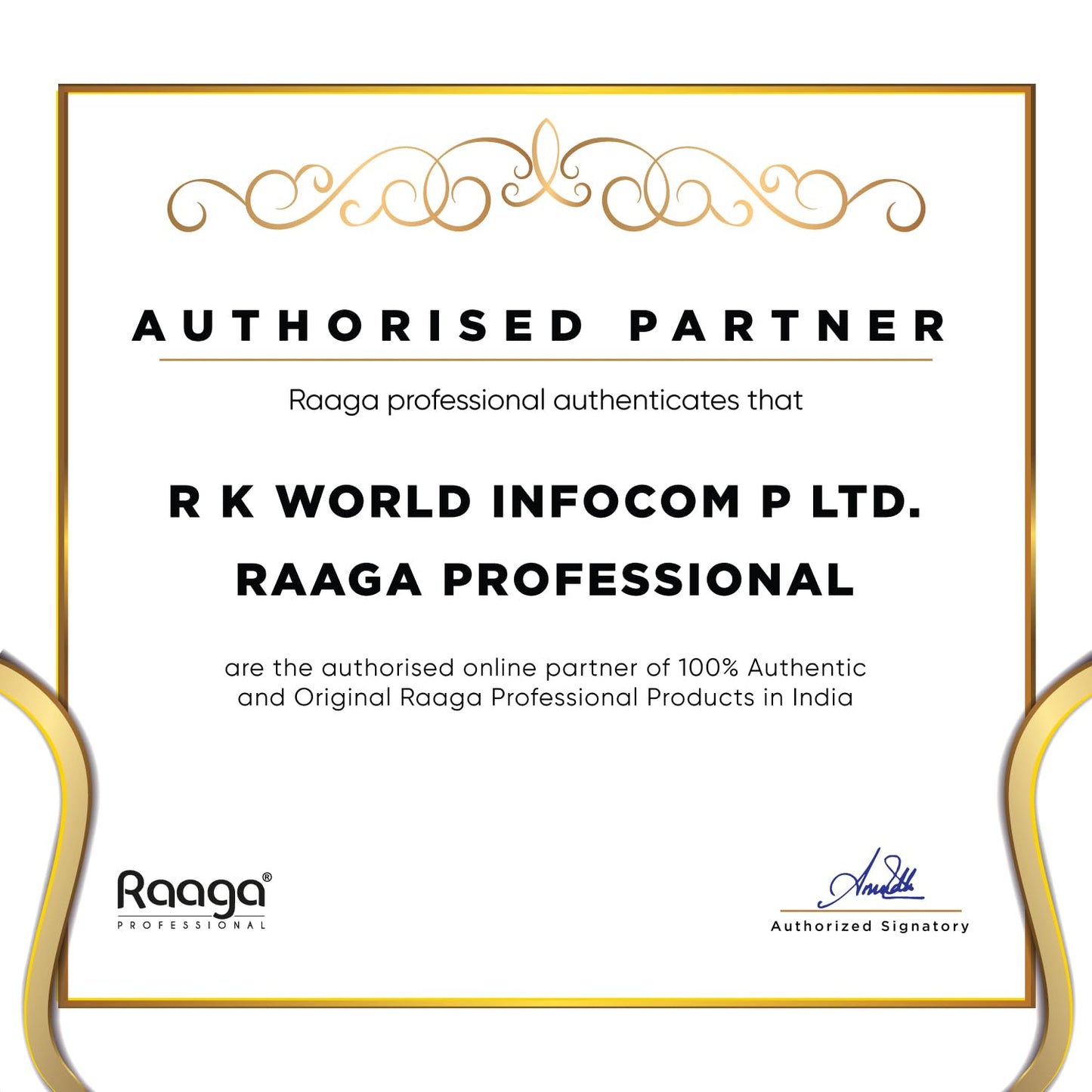 Certificate of authorised partner for R K World Infocom P Ltd. by Raaga Professional with decorative elements.